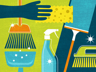 Cleaning tools collage in simple flat style. Spring cleaning illustration.