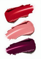 Three realistic lipstick smears in varied shades on a clean white background. Isolated with visible creamy texture, natural finish, and artistic placement. Perfect for beauty-themed visuals.