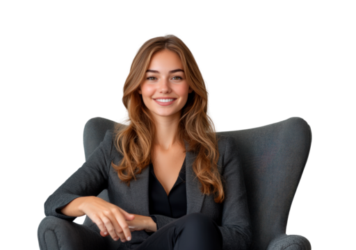 Confident businesswoman sitting in modern chair, PNG