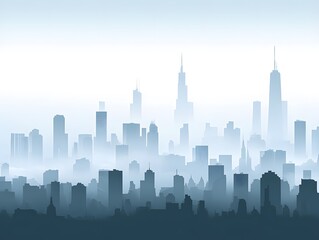 Misty Cityscape Skyline Silhouette, Urban Fog, Modern City Buildings