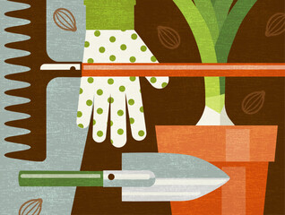Gardening tools collage in simple flat style. Spring yard work illustration