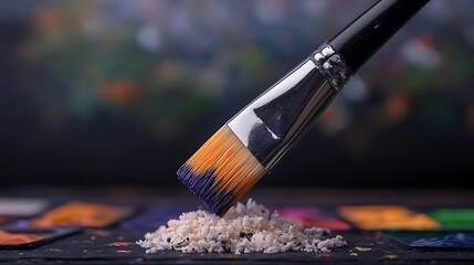 Fototapeta premium Close-up of a paintbrush resting on a mound of salt, with colorful palettes in the background