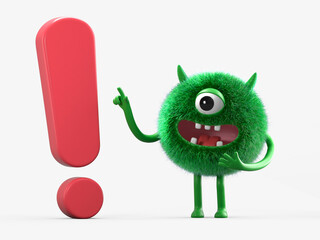 Fluffy, cute monster with an exclamation mark, symbolizing attention or warning. 3D rendering, conceptual image. Isolated on white background.