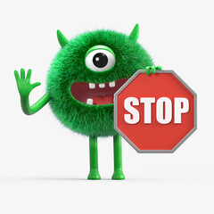 Fluffy, cute monster holding a stop sign, symbolizing caution or halting. 3D rendering, conceptual image. Isolated on white background.