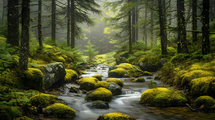 Obraz premium Tranquil Forest Stream With Mossy Rocks And Sunlight