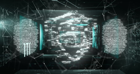 Image of biometric fingerprint and online security padlock over network of connections