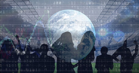 Image of globe with graphs and data processing over sports fans at stadium