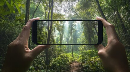 Smartphone capturing a lush forest scene.