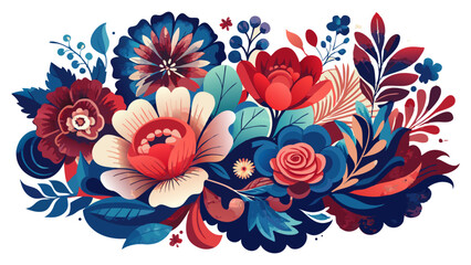 Naklejka premium A rich and decorative illustration of a cluster of stylized flowers and foliage in shades of red, white, blue, and teal.