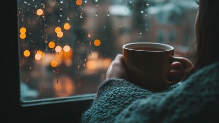 Cozy rainy day, woman drinking warm beverage near window watching rain