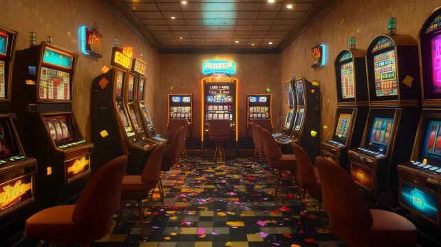 Retro casino slot machine room interior