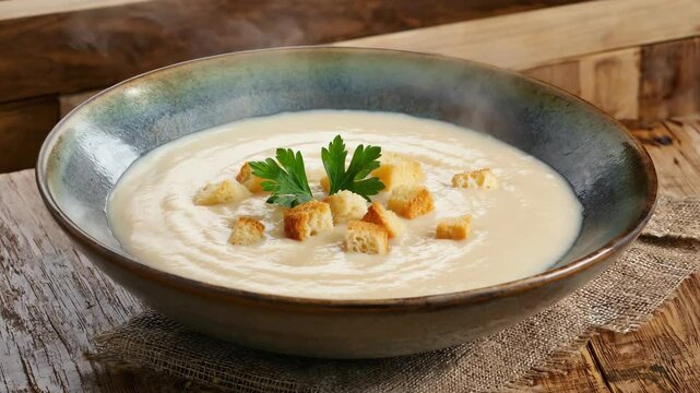 Creamy white soup in ceramic bowl, garnished with croutons and parsley on a rustic wood table with steam