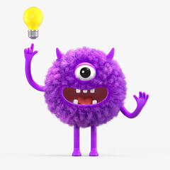 Fluffy, cute monster with a lightbulb, symbolizing ideas and innovation. 3D rendering, conceptual image. Isolated on white background.