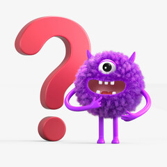 Fluffy, cute monster beside a question mark, symbolizing inquiry or curiosity. 3D rendering, conceptual image. Isolated on white background.