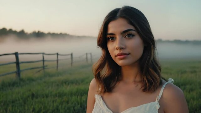 Serene woman posing in grassy field on a hazy morning with a wooden fence disappearing in the background landscape.