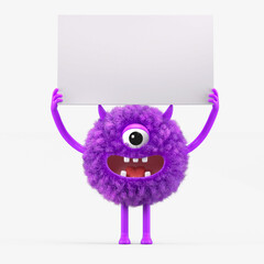 Fluffy, cute monster holds a blank sign, symbolizes information and advertising display. 3D rendering, conceptual image. Isolated on white background.