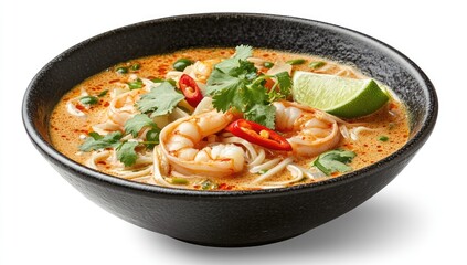 Spicy Shrimp Noodle Soup.  A rich and flavorful bowl of Thai-inspired soup featuring tender shrimp,  fresh noodles,  and fragrant spices.  Garnished with cilantro,  lime wedges, and chili peppers