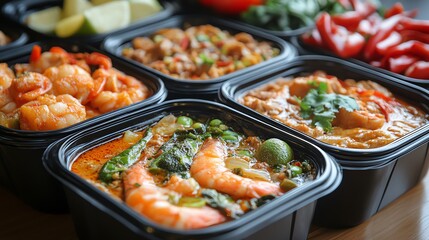 Closeup of flavorful Thai shrimp curries and other dishes in black takeout containers.  Perfect for restaurant menus or food blogs.