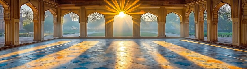 Fototapeta premium Sunbeams Through Arches, Garden Courtyard