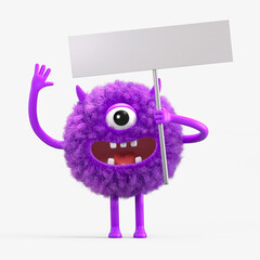 Fluffy, cute monster holds a blank sign, symbolizes information and advertising display. 3D rendering, conceptual image. Isolated on white background.