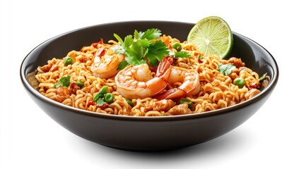 Spicy shrimp noodle dish in a dark bowl
