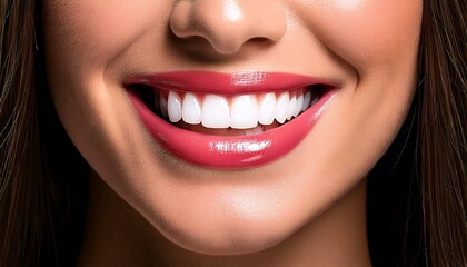 Smiling woman close up with perfect whitened teeth, dental implants