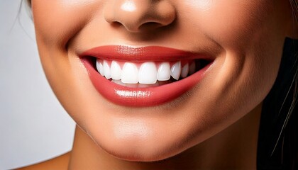 Obraz premium Smiling woman close up with perfect whitened teeth, dental implants