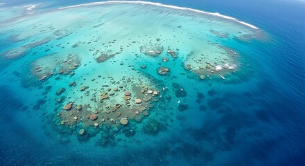 Obraz premium Aerial view of a coral reef with clear turquoise water and boats near the reef
