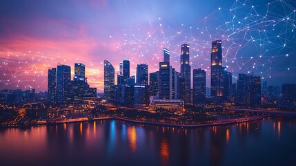 Futuristic cityscape at twilight.  Digital network connecting skyscrapers over water