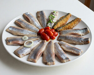 a white plate adorned with a captivating assortment of herring dishes.