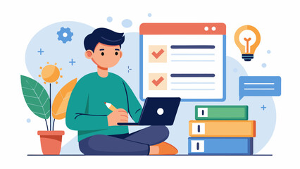 Fototapeta premium A boy writing down ideas for website content while his friend navigates through different website templates.. Vector illustration