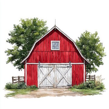 Red Barn with White Doors and Green Trees