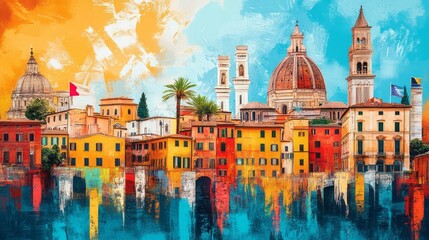 Obraz premium Vivid and colorful cityscape artfully depicts a charming european city