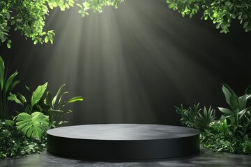 Dark, round podium surrounded by lush greenery