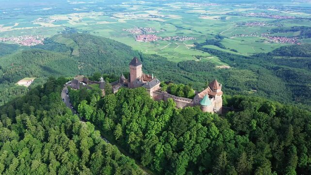 The Haut-Koenigsbourg Castle stands in a forest dominated by the countryside, in Europe, in France, in Alsace, in the Bas Rhin, near Strasbourg, in summer, on a sunny day.&nbsp;