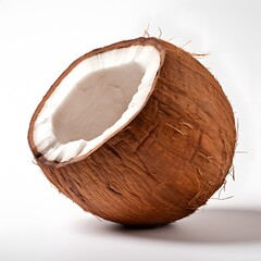 A single whole coconut with a tough, fibrous brown shell, placed on a plain white background