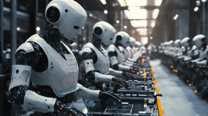 Fototapeta premium Autonomous robotics in a mass production assembly line, future technology