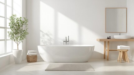 Fototapeta premium Scandinavian-style bathroom with simple fixtures, natural materials, and a bright, clean look.