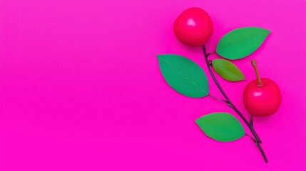 Red Cherries and Green Leaves on Vibrant Pink Background