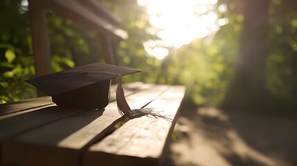 A graduation cap rests on a wooden bench, symbolizing academic success and new beginnings
