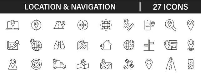 Location Navigation icons. Map direction route symbols. Set Vector outline icons