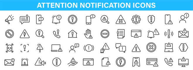 Notification, alert icons set. Warning, attention, risk outline symbols, icons. Problem, caution notification signs. Vector icons, signs, symbols