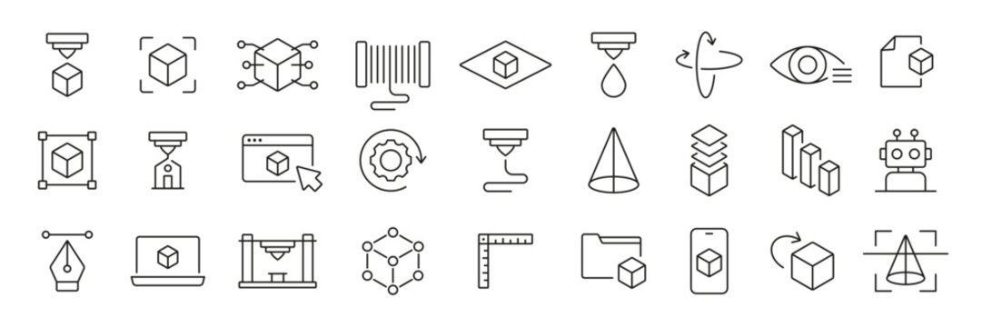 3D printer icons. 3D modelling device icon. Set vector icons