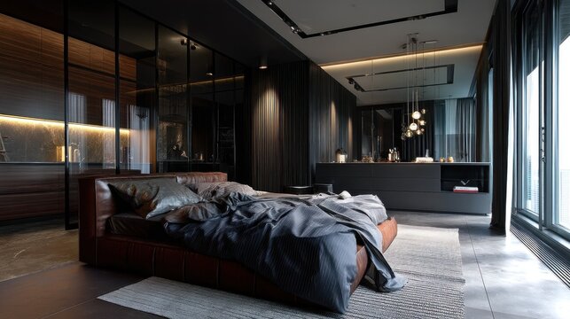 Sleek bachelor pad interior with dark tones and leather accents 