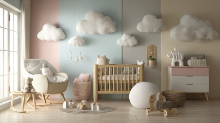 Soft pastel nursery with cloud decor and Scandinavian furniture