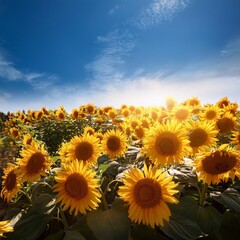 Obraz premium Sunflowers, in bright light, blue sky background