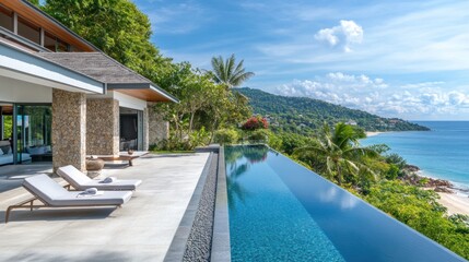 Fototapeta premium Modern villa with infinity pool overlooking beach