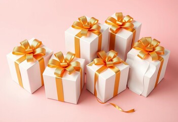 Obraz premium Elegant white gift boxes with golden bows on a pastel background , mockup, shiny