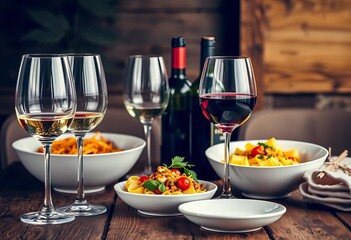 Naklejka premium Elegant wine glasses, pasta bowls, and bottles arranged on a rustic wooden table, antipasto, culinary