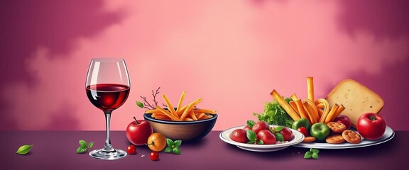 Elegant wine glass & food illustrations; templates for menus, posters, banners, invitations, gourmet, design